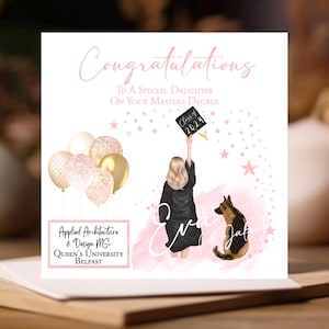 Cartão de felicitações de formatura para filha com diploma e universidade ou faculdade com cachorro