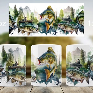 May include: White ceramic mug with a watercolor design of a fishing scene. The design features a green and brown bass jumping out of the water, a fisherman in a boat, and a forest background. The mug is available in 11 oz and 15 oz sizes.