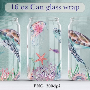 Turtle glass can wrap Ocean sublimation png Underwater life