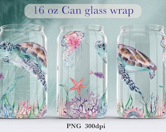Turtle glass can wrap Ocean sublimation png Underwater life