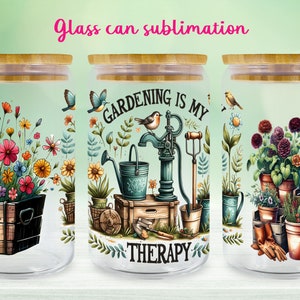 May include: Three glass jars with bamboo lids and colorful floral designs. The middle jar features the text "Gardening is my therapy".