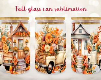 Fall Truck Glass Can Wrap, Autumn Floral Design (PNG)