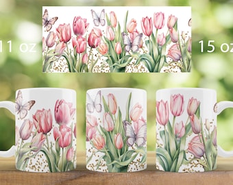 Tulips and Butterfly mug wrap design | Floral mug sublimation png