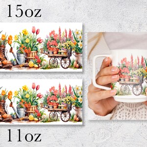 May include: Two white ceramic mugs with a floral design. The design features a wheelbarrow filled with colorful flowers, a watering can, and gardening boots. The mugs are labeled 11oz and 15oz.