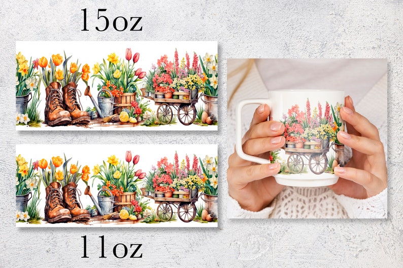 May include: Two white ceramic mugs with a floral design. The design features a wheelbarrow filled with colorful flowers, a watering can, and gardening boots. The mugs are labeled 11oz and 15oz.