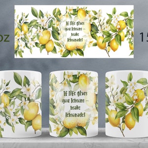 以下が含まれることがあります： レモンの木のデザインと「人生がレモンを与えてくれるなら、レモネードを作りなさい！」というテキストが前面に印刷された白いセラミックマグカップ。マグカップは11オンスと15オンスのサイズがあります。