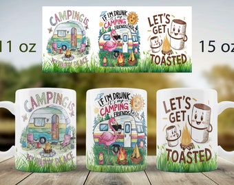 Camping Mug Sublimation Design: Camper & Marshmallow Quotes (PNG)
