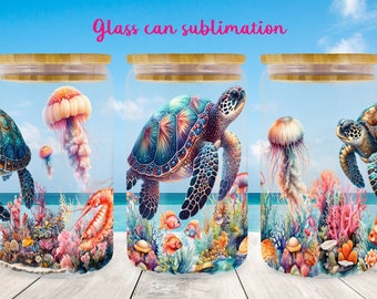 Turtle glass can wrap | Ocean sublimation png | Underwater life