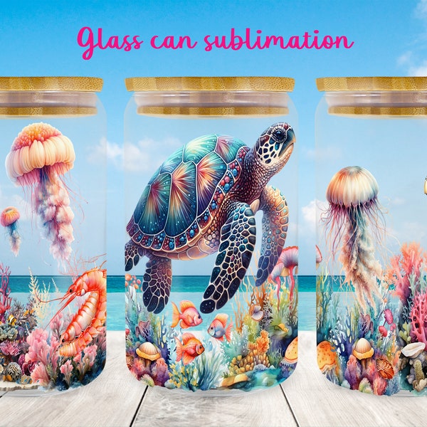 Turtle glass can wrap | Ocean sublimation png | Underwater life