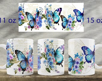 Design della tazza con farfalla blu Tazza floreale con sublimazione png