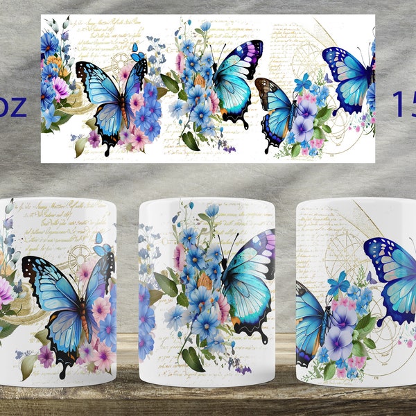 Blue Butterfly mug wrap design Floral mug sublimation png