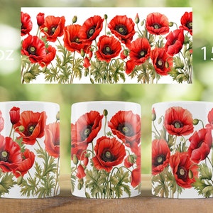 May include: White ceramic mugs with a vibrant red poppy floral design. The mugs feature a repeating pattern of red poppies with green leaves and stems. The image also shows the text "11 oz" and "15 oz".