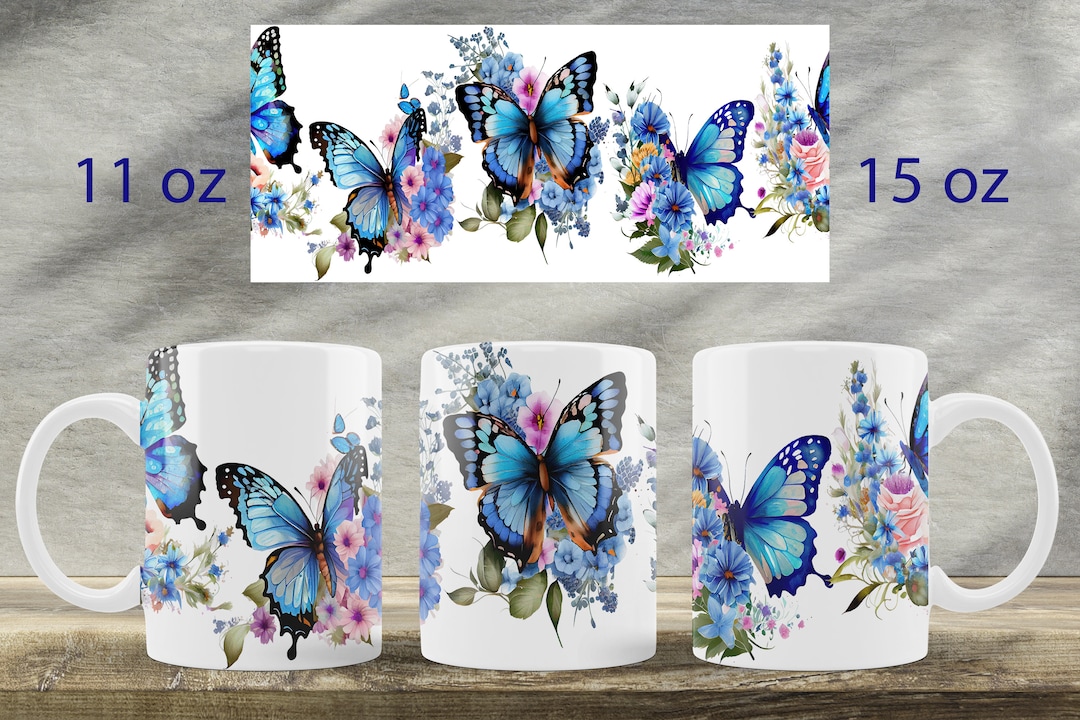 Blue Butterfly Mug Wrap Design Floral Mug Sublimation Png Etsy