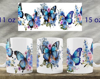 Design della tazza con farfalla blu Tazza floreale con sublimazione png
