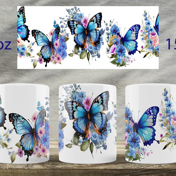 Blue Butterfly mug wrap design Floral mug sublimation png