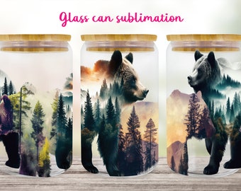 Bear & Forest Glass Can Wrap: 16oz Libbey Sublimation (PNG)