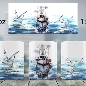 May include: White ceramic mug featuring a watercolor painting of a boat on the water with seagulls. The artwork is in shades of blue and white. The mug is available in 11 oz and 15 oz sizes.