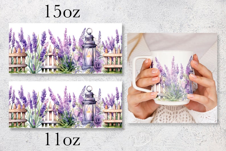 May include: Two white ceramic mugs with a lavender floral design. The design features a picket fence, a lantern, and lavender flowers. The mugs are available in 11 oz and 15 oz sizes.