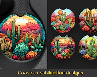 Cactus Coaster Bundle | Stained glass Coaster Sublimation png