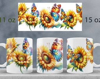 Sunflowers and Butterfly mug wrap design | Floral mug sublimation png