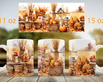 May include: White ceramic mugs with a wraparound watercolor design featuring a fall harvest scene. The design includes pumpkins, wheat, apples, and a rustic barn. The mugs are available in 11 oz and 15 oz sizes.