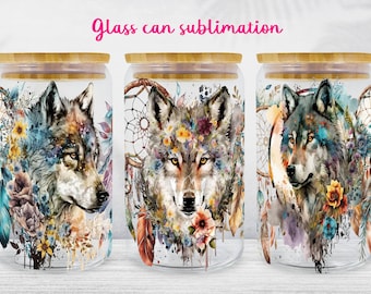 Boho Wolf Glass Can Wrap: Animal Libbey 16oz Sublimation Design (PNG)
