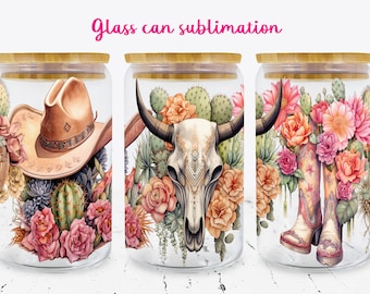 Western glass can wrap  | Cowboy skull libbey can sublimation