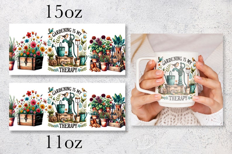 Pu&ograve; includere: Tazza in ceramica bianca con un design a tema giardinaggio. La tazza presenta un'illustrazione dipinta a mano di un pozzo, un annaffiatoio, fiori e attrezzi da giardinaggio. Il testo sulla tazza recita "Gardening is my therapy". La tazza &egrave; disponibile in due dimensioni: 11 oz e 15 oz.