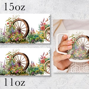 May include: Two white ceramic mugs with a floral design featuring a wooden wagon wheel surrounded by colorful flowers. The mugs are available in 11oz and 15oz sizes.