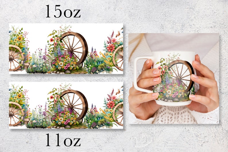 May include: Two white ceramic mugs with a floral design featuring a wooden wagon wheel surrounded by colorful flowers. The mugs are available in 11oz and 15oz sizes.