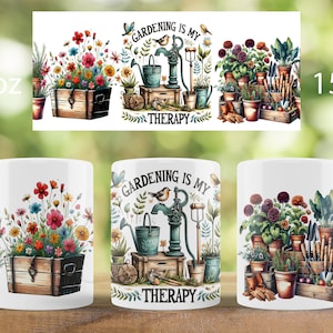 May include: White ceramic mug with a colorful illustration of gardening tools, flowers, and the text "Gardening is my therapy". The mug is available in 11 oz and 15 oz sizes.