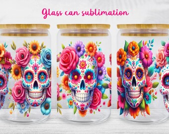 Floral skull glass can wrap Boho libbey can sublimation png