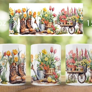 May include: Three white ceramic mugs with different floral designs. The first mug features a pair of brown boots with yellow and orange tulips growing out of them. The second mug shows a watering can, a wooden bucket with flowers, and a rake. The third mug has a wooden cart with a variety of flowers in pots. The mugs are 11 oz and 15 oz.