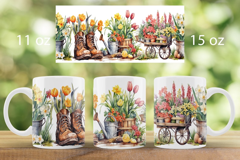 May include: Three white ceramic mugs with different floral designs. The first mug features a pair of brown boots with yellow and orange tulips growing out of them. The second mug shows a watering can, a wooden bucket with flowers, and a rake. The third mug has a wooden cart with a variety of flowers in pots. The mugs are 11 oz and 15 oz.