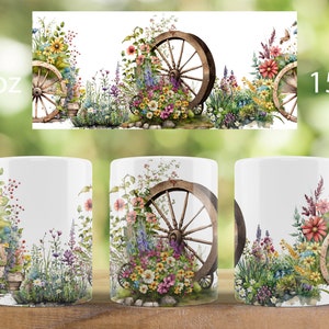 May include: White ceramic mug with a floral design featuring a wooden wheel and wildflowers. The mug is available in 11 oz and 15 oz sizes.