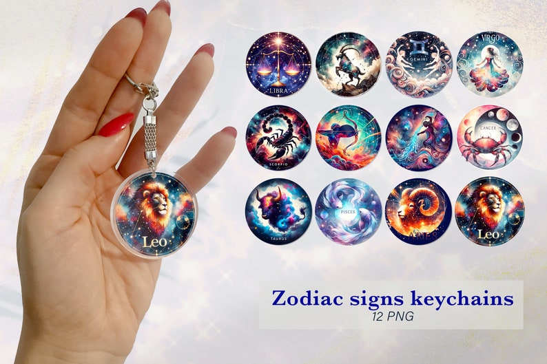 Zodiac Sign Keychain Sublimation | Astrology Keychains PNG Design ...