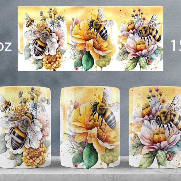 Bee mug wrap design Floral mug sublimation png Honey bees