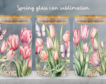 Tulips glass can wrap | Spring libbey can sublimation | Butterfly glass tumbler design