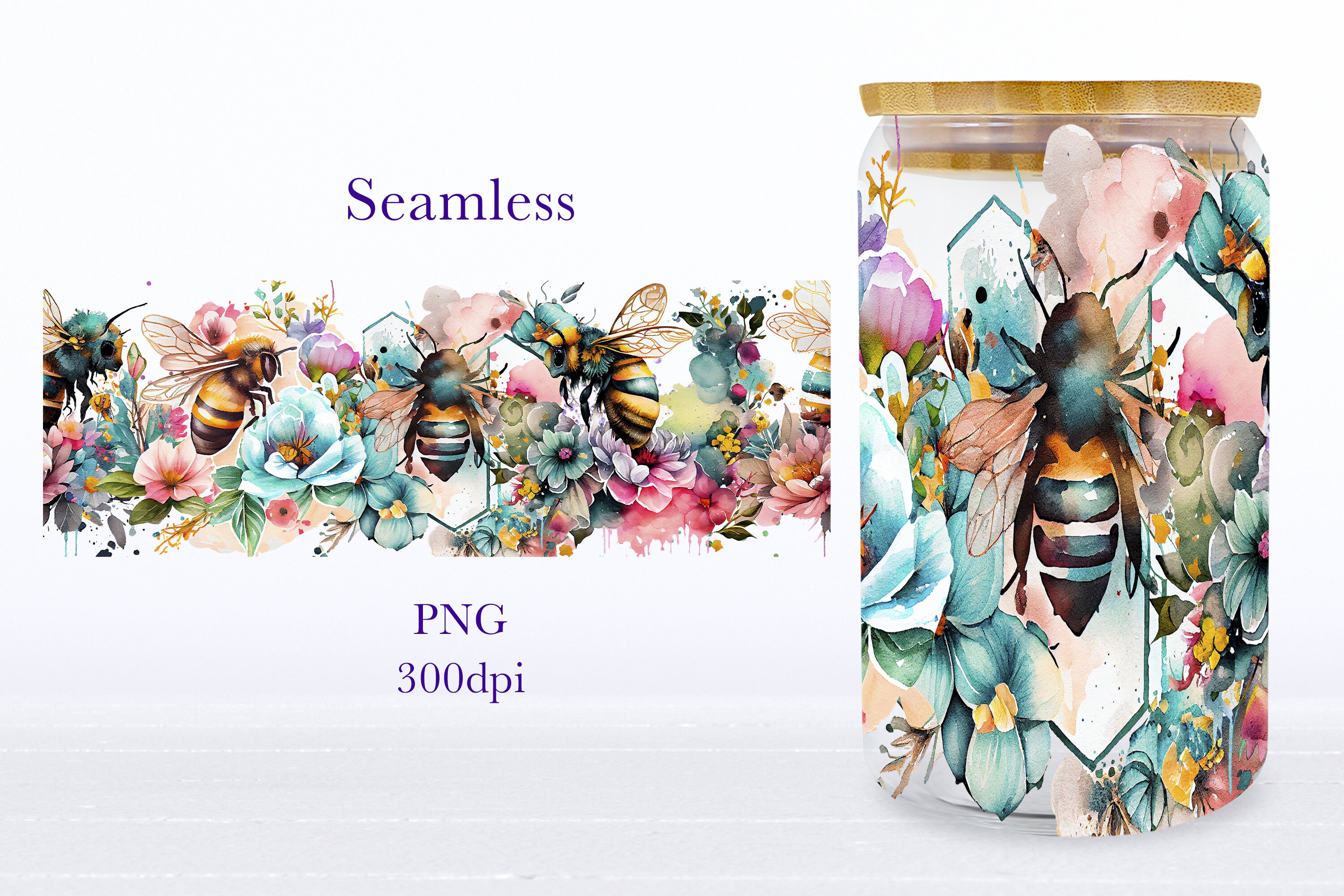 Bee Glass Can Wrap Spring Floral Libbey Can Sublimation Png - Etsy
