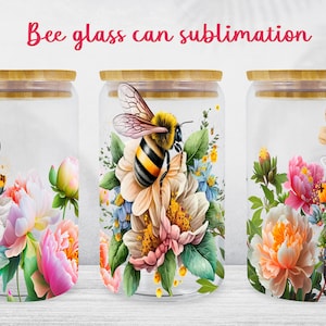Bee glass can wrap Spring floral libbey can sublimation png
