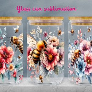 Bee glass can wrap | Spring floral libbey can sublimation | Floral glass tumbler png