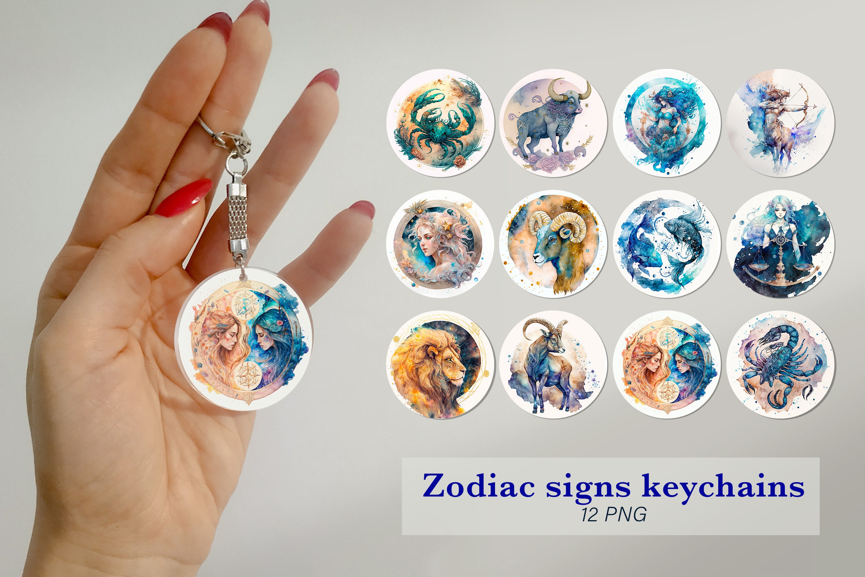 Zodiac Sign Keychain Bundle Astrology Keychain Sublimation Png Design ...