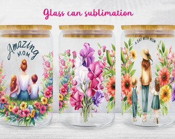 Floral Mama Glass Can Wrap: 16oz Libbey Sublimation PNG (Digital Download)