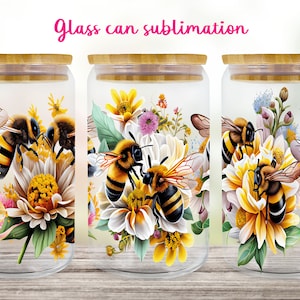 Bee glass can wrap Spring floral libbey can sublimation png
