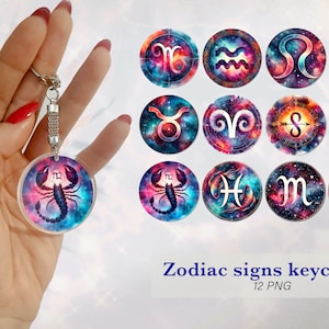 Sublimação de chaveiros de signos do zodíaco | Design de chaveiros de astrologia PNG | Pacote de chaveiros