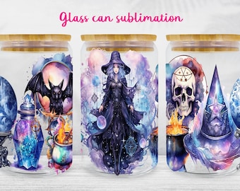 Halloween Witch Glass Can Wrap Design, Spooky Tumbler Sublimation (PNG)