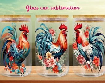 Floral hen glass can wrap | Chicken libbey can sublimation