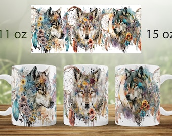Boho wolf mug wrap design | Wild animal mug sublimation png