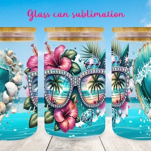 May include: Three glass can sublimation designs with bamboo lids. The designs feature beach scenes with seashells, sunglasses, and tropical flowers. The text "Glass can sublimation" is visible at the top. The background is a blue ocean.