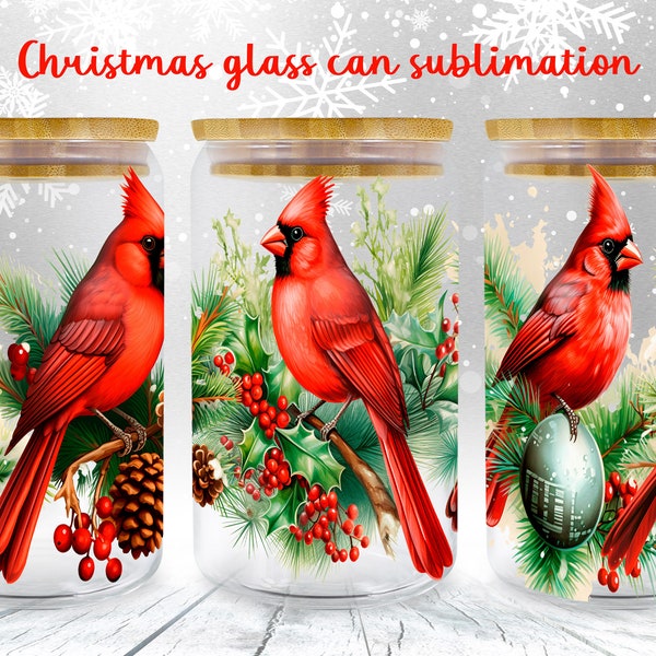 Cardinal bird glass can wrap Christmas libbey can sublimation png
